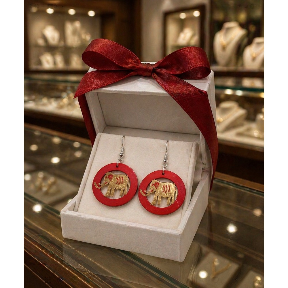 Earrings Women Red Elephant Wooden Dangle‎ Earrings